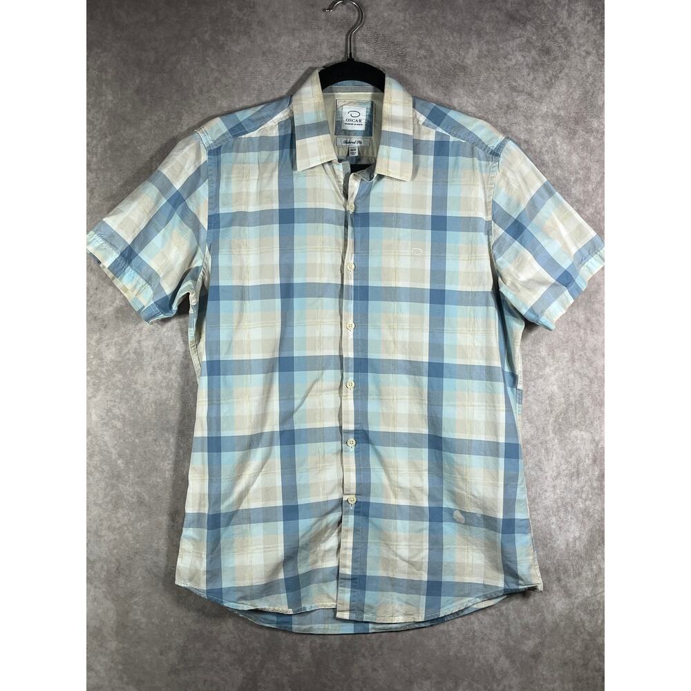 Oscar de la Renta Shirt Mens Medium Blue Yellow Plaid Tailored Fit Button Up